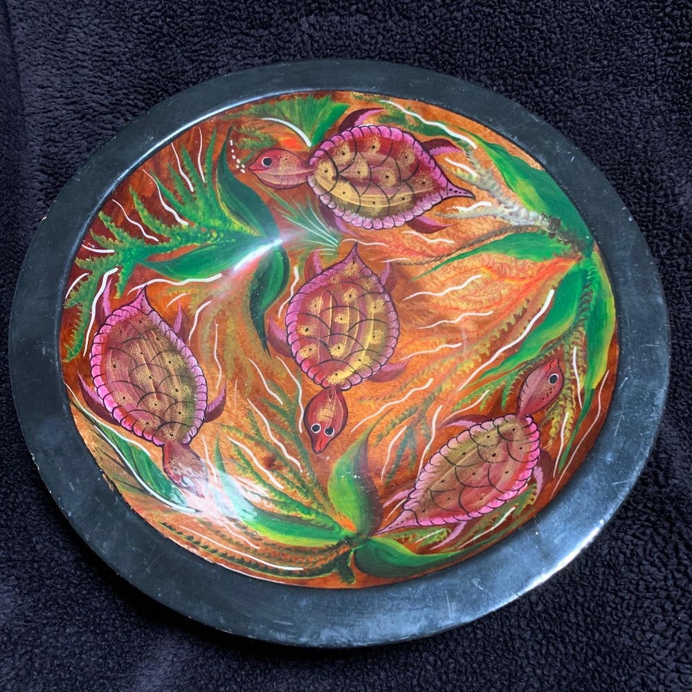 Vintage Hand-Painted Wooden Turtle Bowl